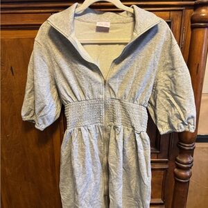 Pink Lily Puff Sleeve Gray Knit Zip-Front  Mini Dress L